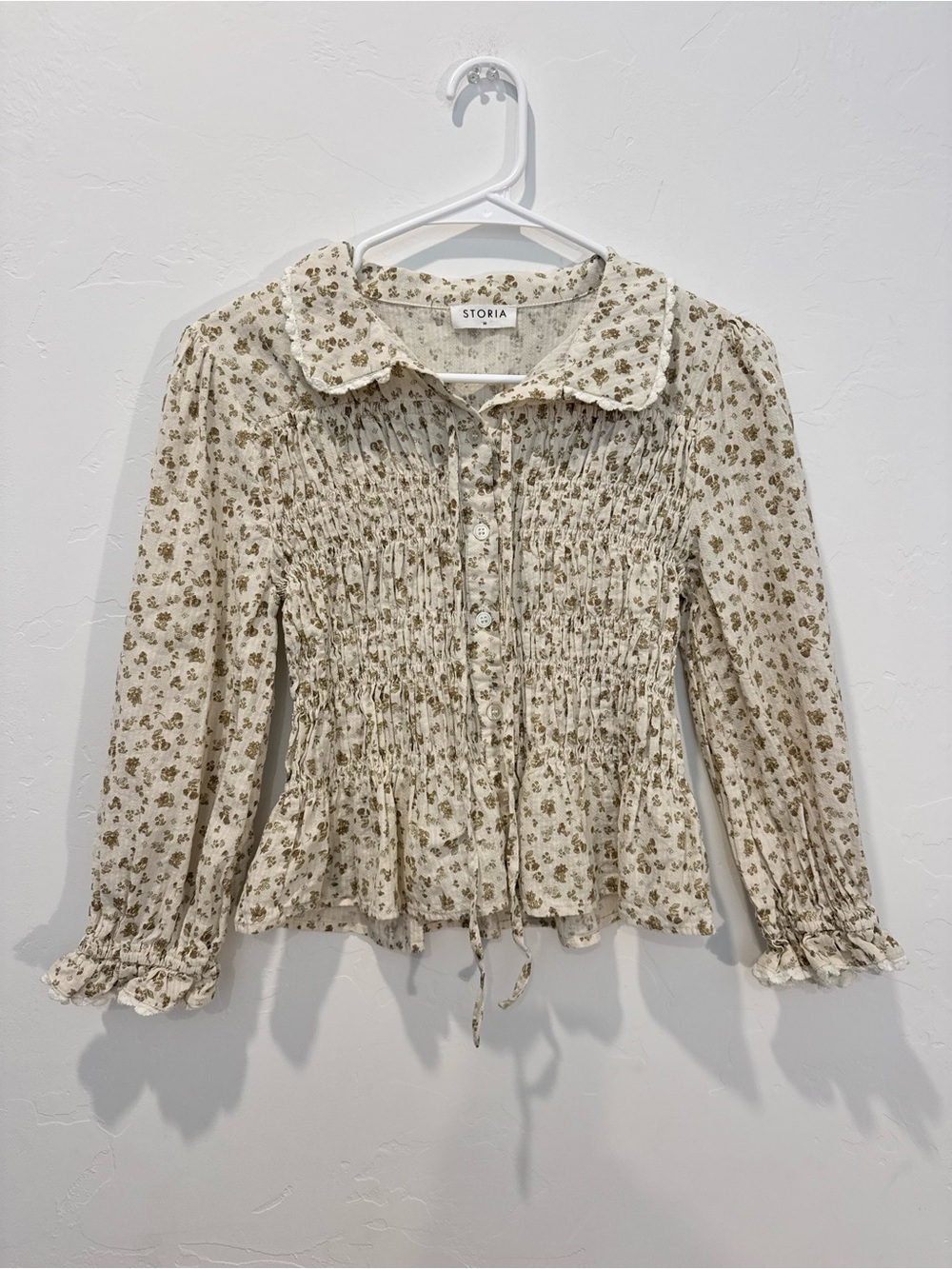 Storia Cream Floral Smocked Cotton Blouse- M- Cottage Prairie Victorian Boho